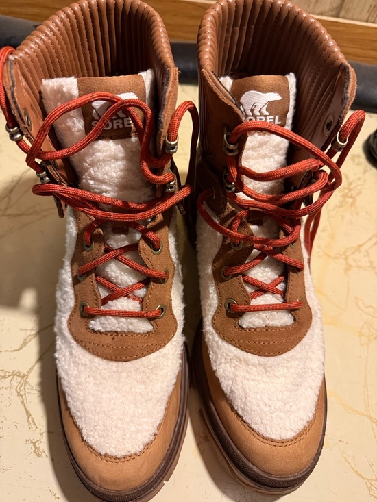 Sorel Tan Brown Cream Sherpa Lace-Up Ankle Boots - Picture 2 of 6